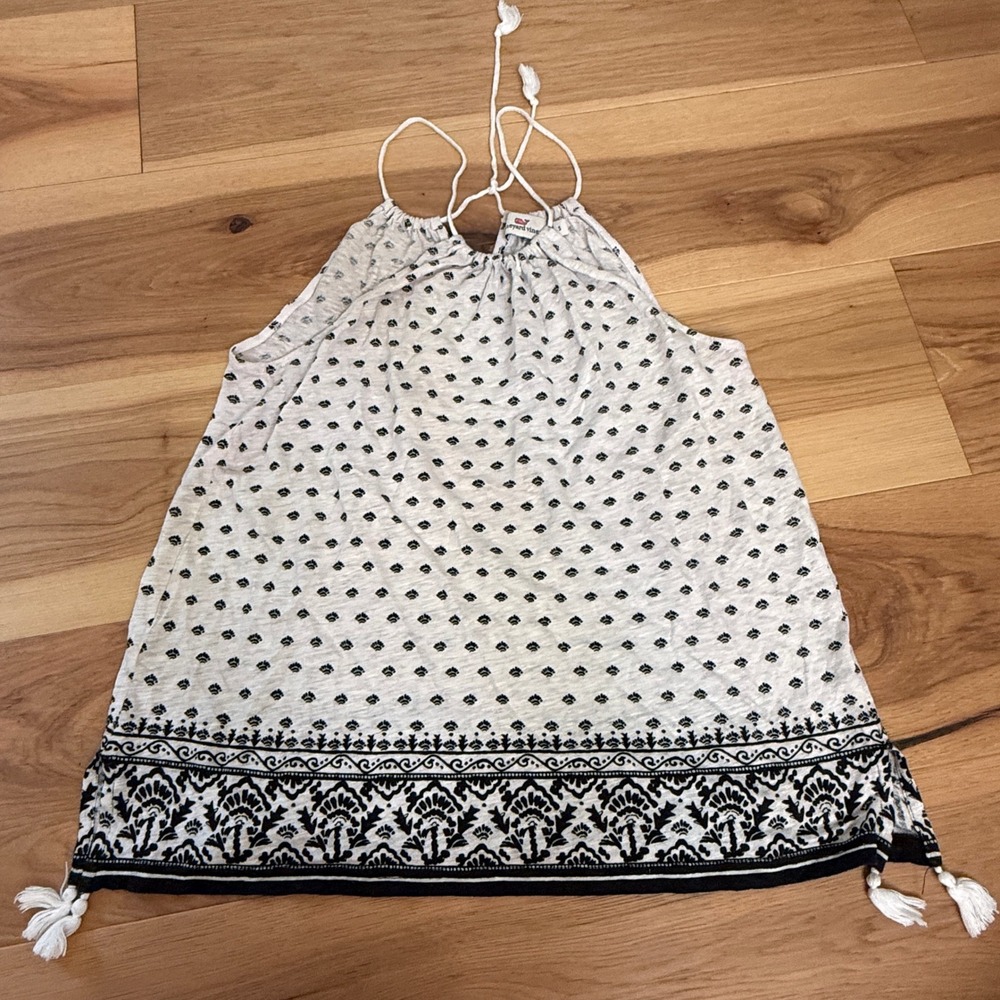 Vineyard Vines Halter Boho Top Women S Black White Linen Tassel Boho Tie Neck